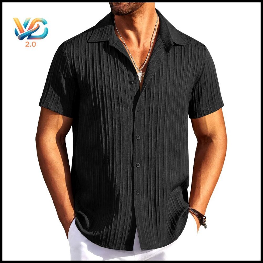 Men's Short Sleeve Button Down Shirt, Linen-Blend, Casual Summer Beach Fit